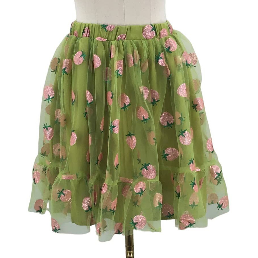 SMAK PARLOUR SZ S Green Pink Strawberry Glitter Mesh Lined Mini Skirt NWT B46